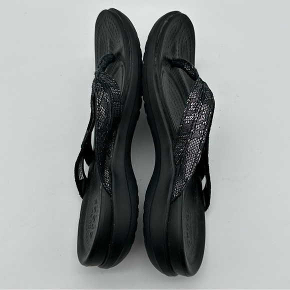 CROCS Capri Black Suede with Metallic Snake Print Women's Flip Flop Sandals - Picture 5 of 10